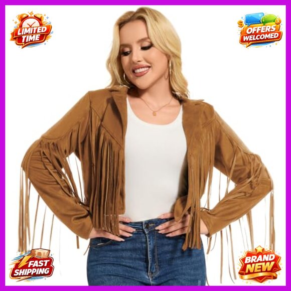 Faux Suede Leather Fringe Jacket Western Style Halloween Costume Adult - Picture 2 of 6